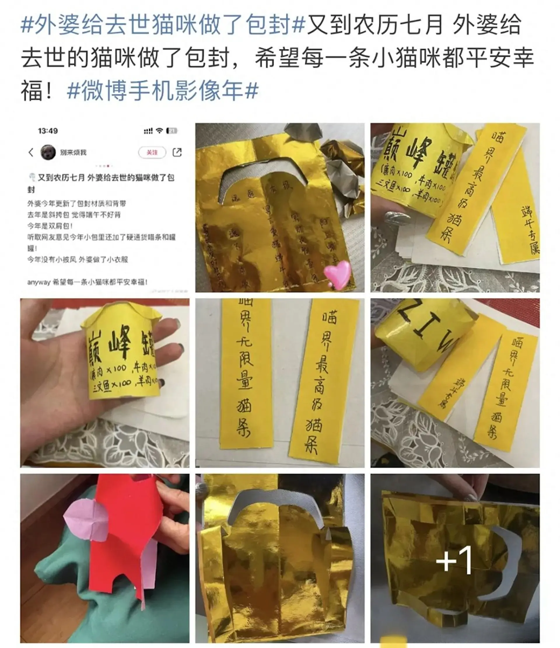 外婆为去世的猫咪做纸质祭品，罐头猫条样样齐：去哪儿都要吃饱！